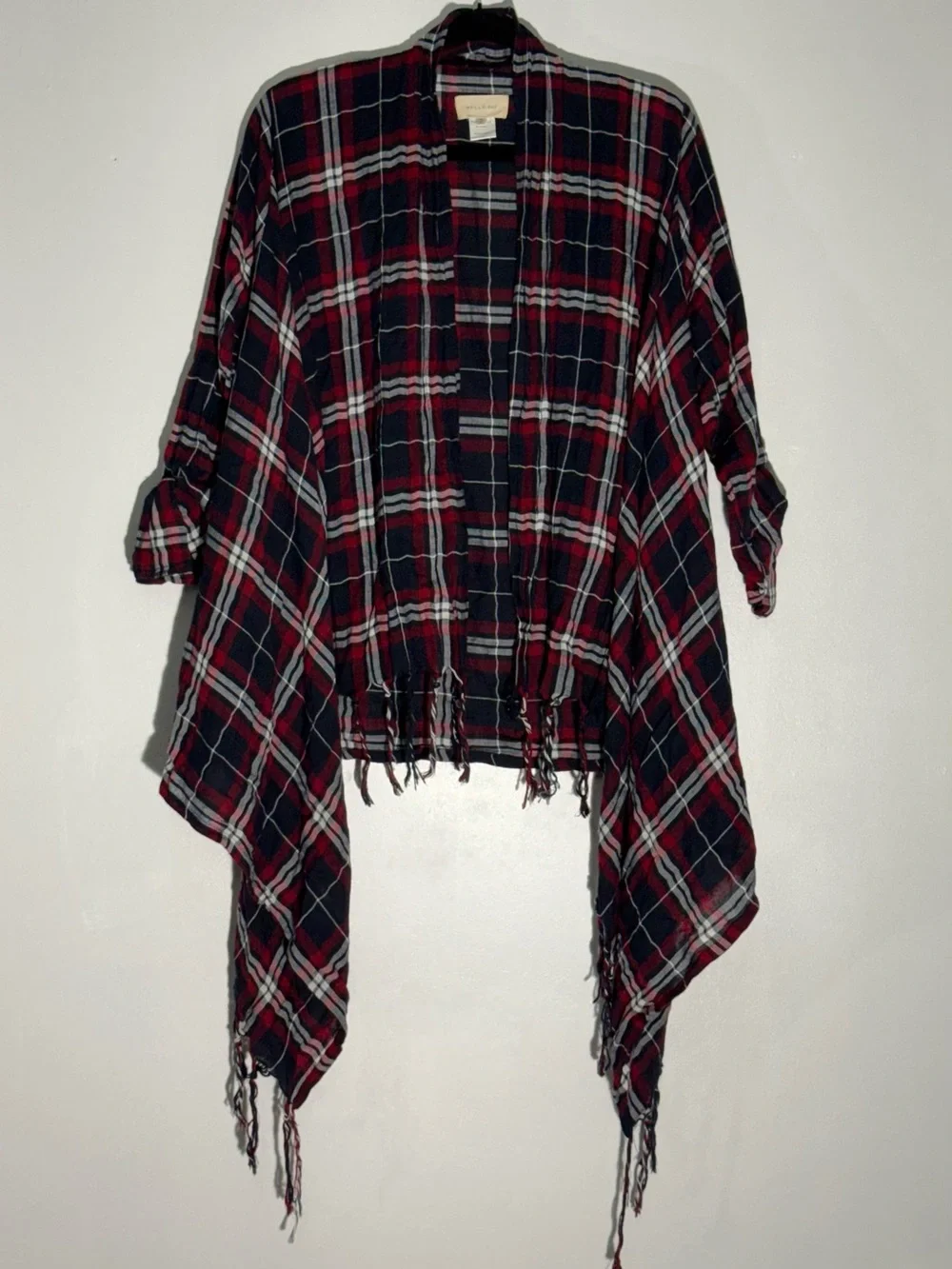 Mello Day Plaid Open Front Poncho Cardigan XS Red Navy Fringe Boho Draped